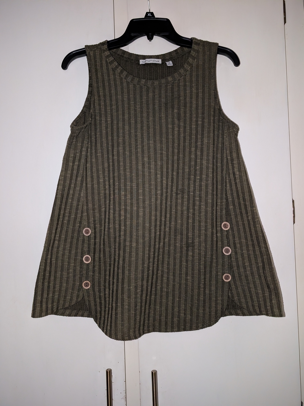 Notations Olive Green Ribbed Sleeveless A-Line Top with Side Buttons